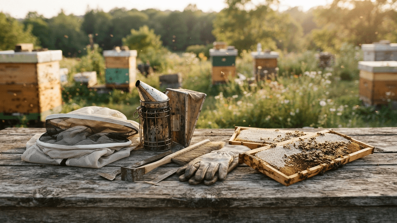 Essential beekeeping gear laid out on weathered wood: smoker, hive tool, gloves, veil and a frame