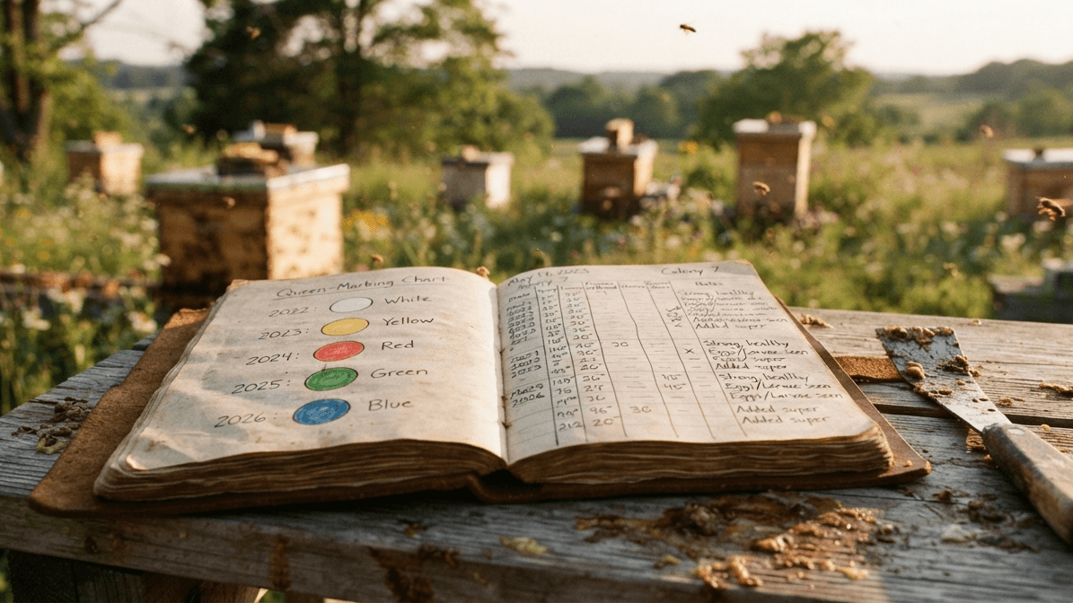 An open handwritten beekeeping logbook with dated inspection notes and a queen-marking color chart