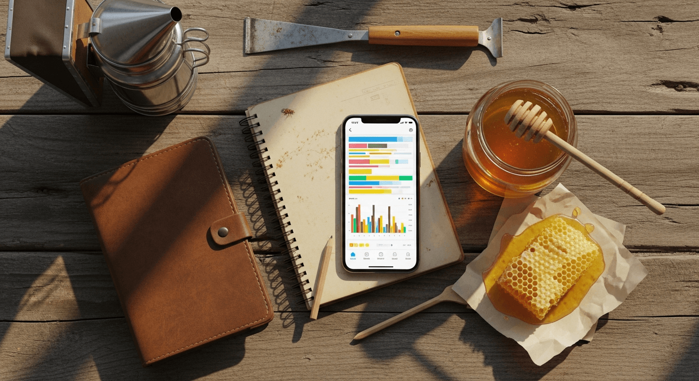 A smartphone showing a beekeeping app on a workbench beside a hive tool, honeycomb, and notebook