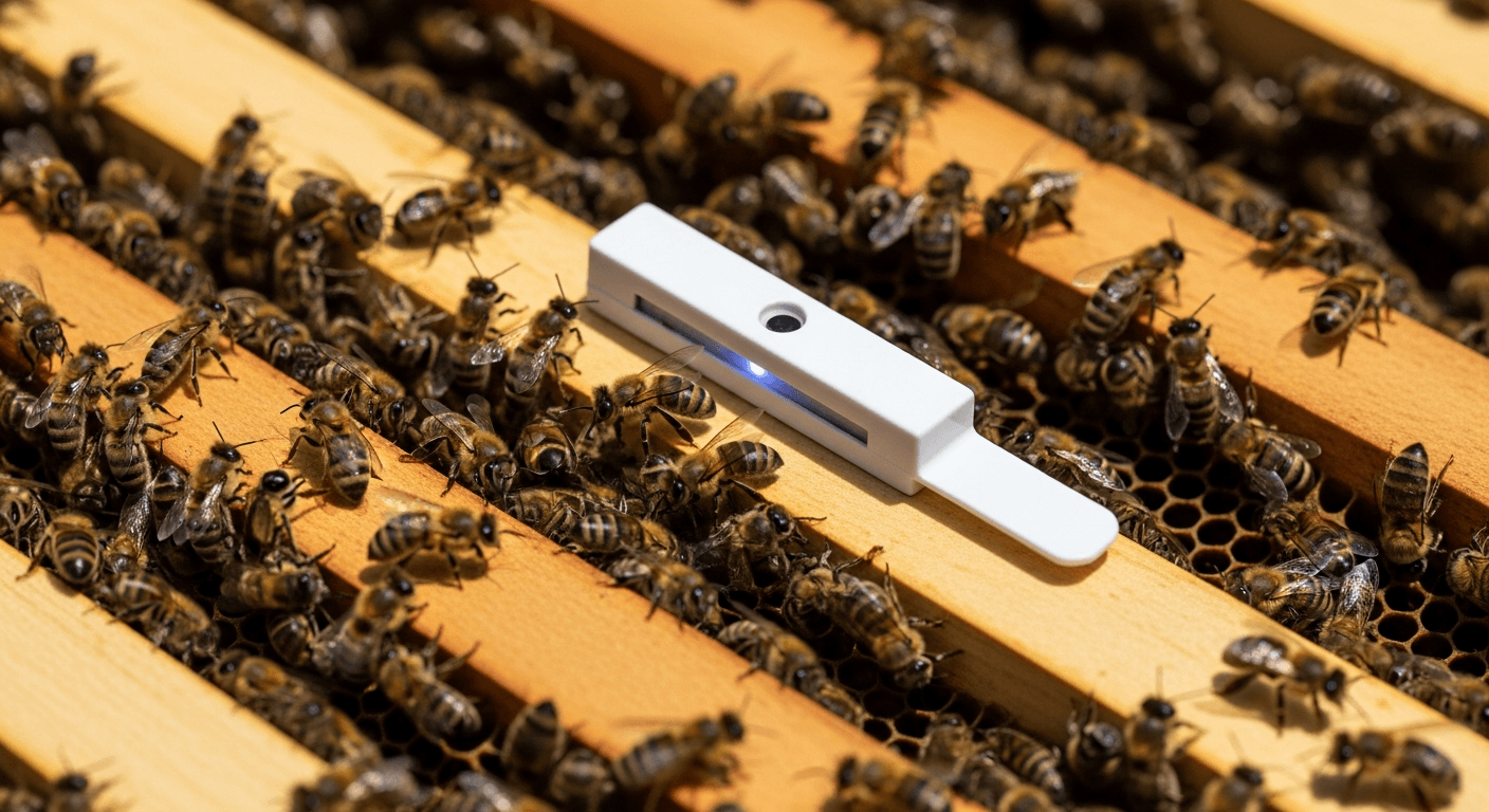 BroodMinder-style BLE sensor with blue LED resting on top of a hive frame covered with bees