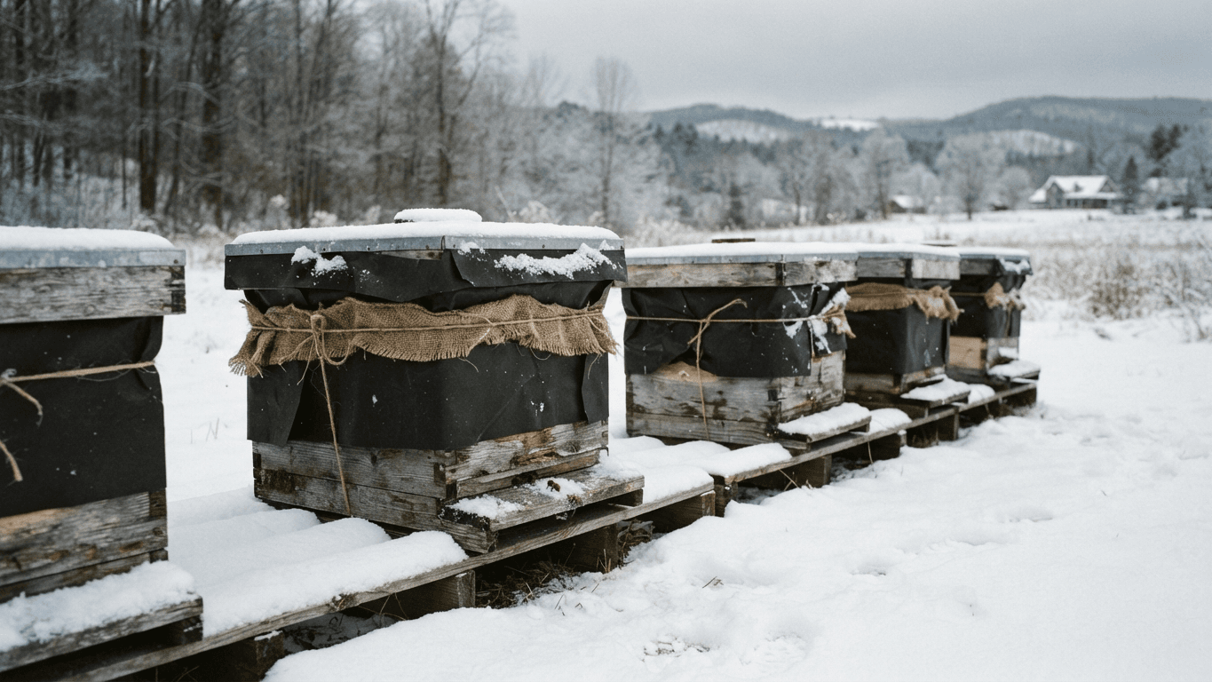 Snow-dusted beehives wrapped against the cold in a quiet winter apiary