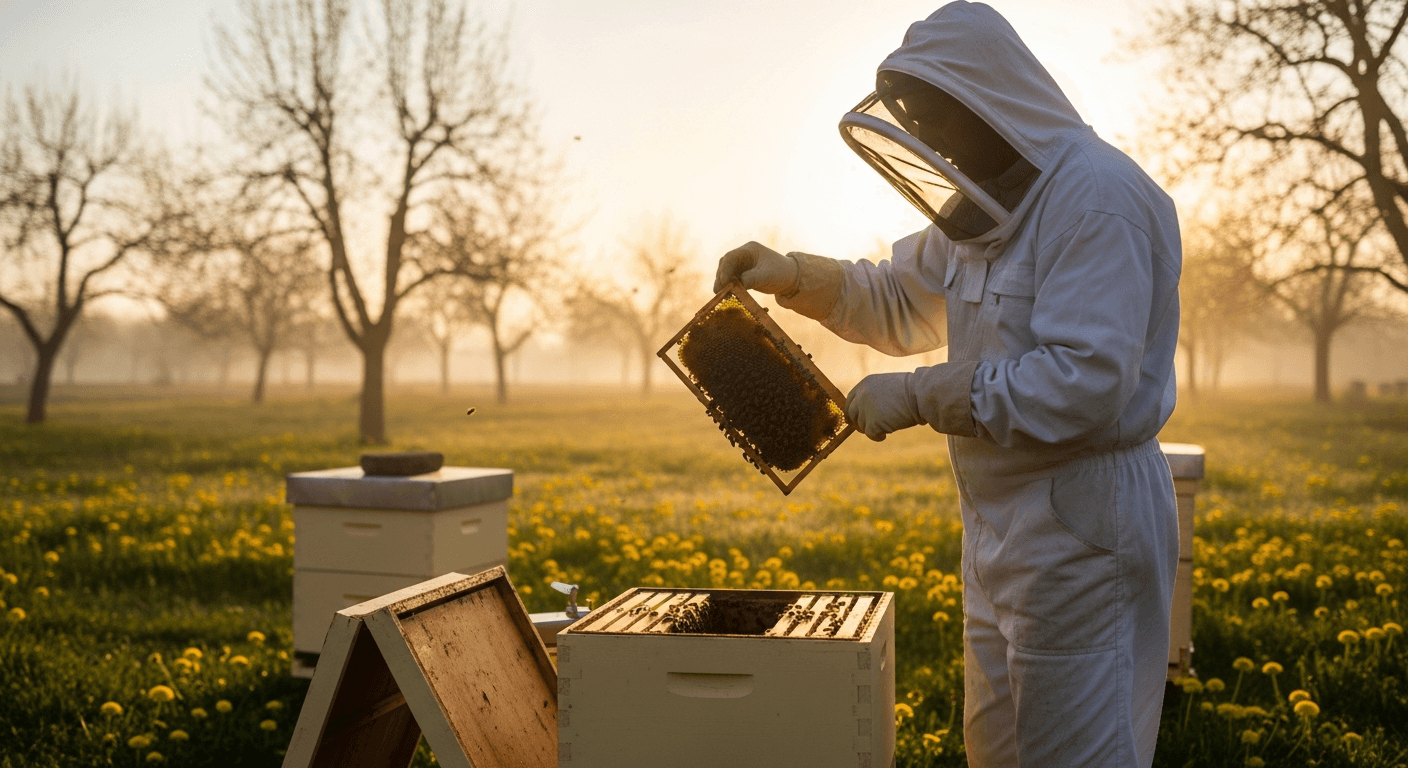Beekeeper inspecting a hive on a misty early spring morning with dandelions and bare fruit trees in the background