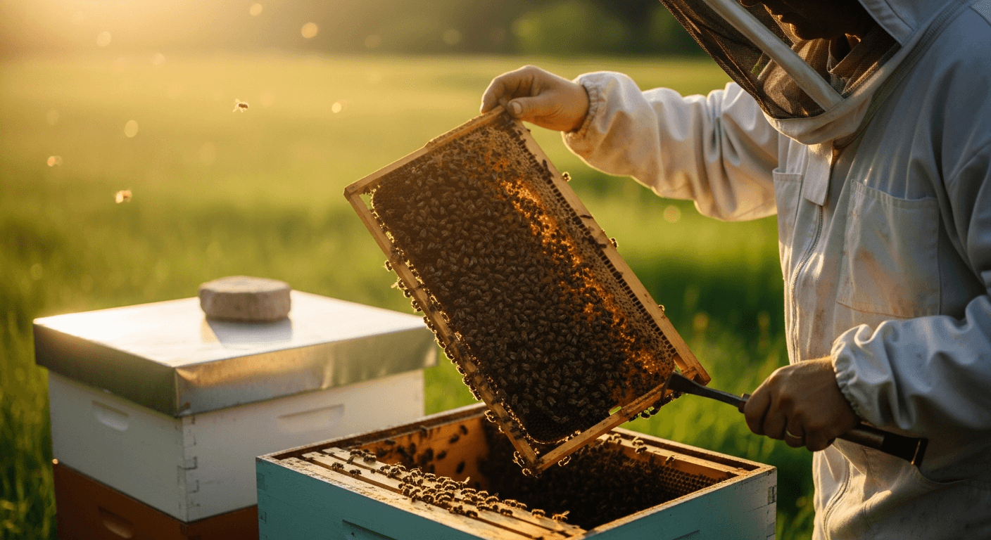 Beekeeper lifting a brood frame from an open hive during inspection