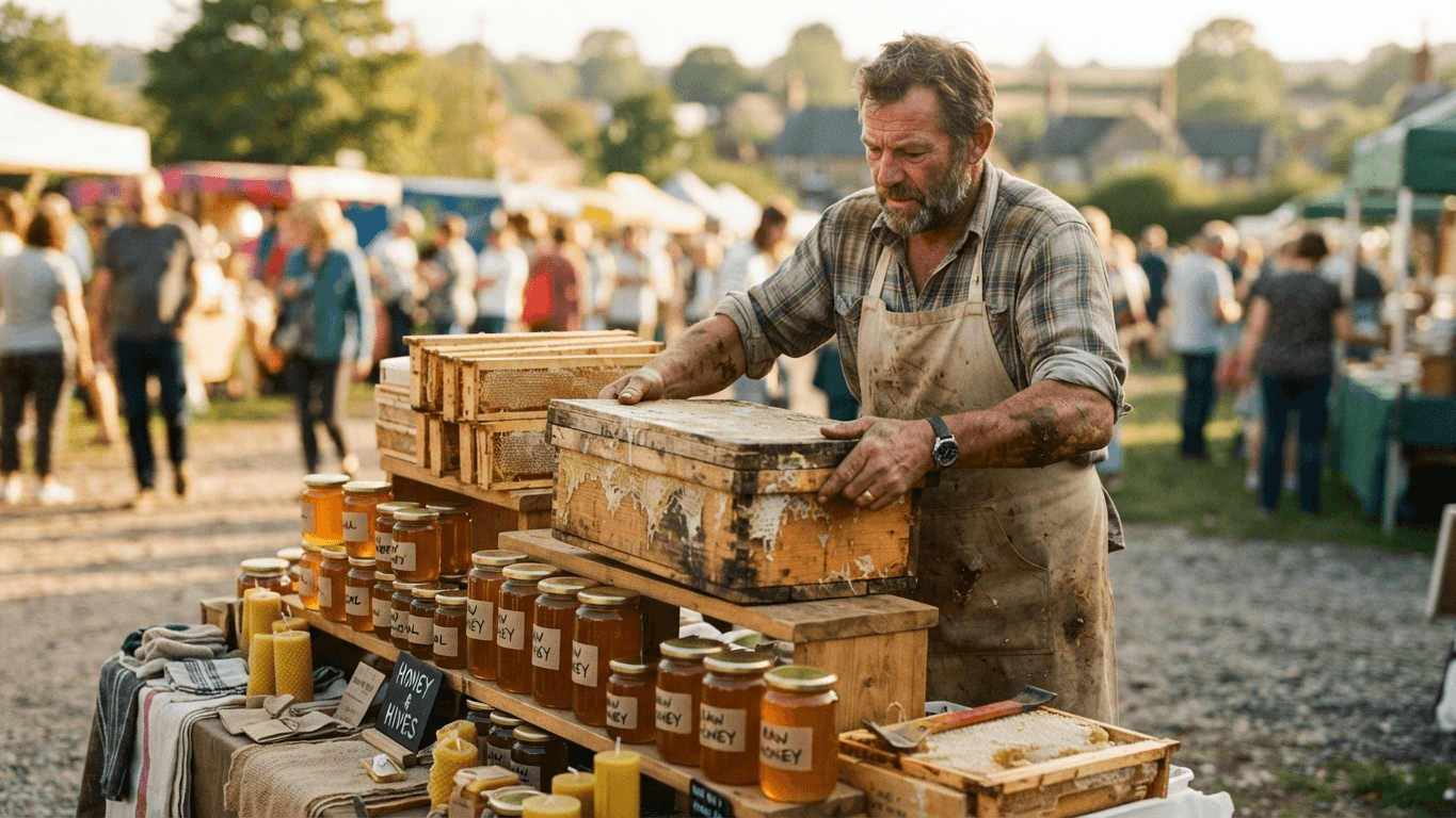 A beekeeper selling jars of honey and stacked supers at a sunny farmers-market stall