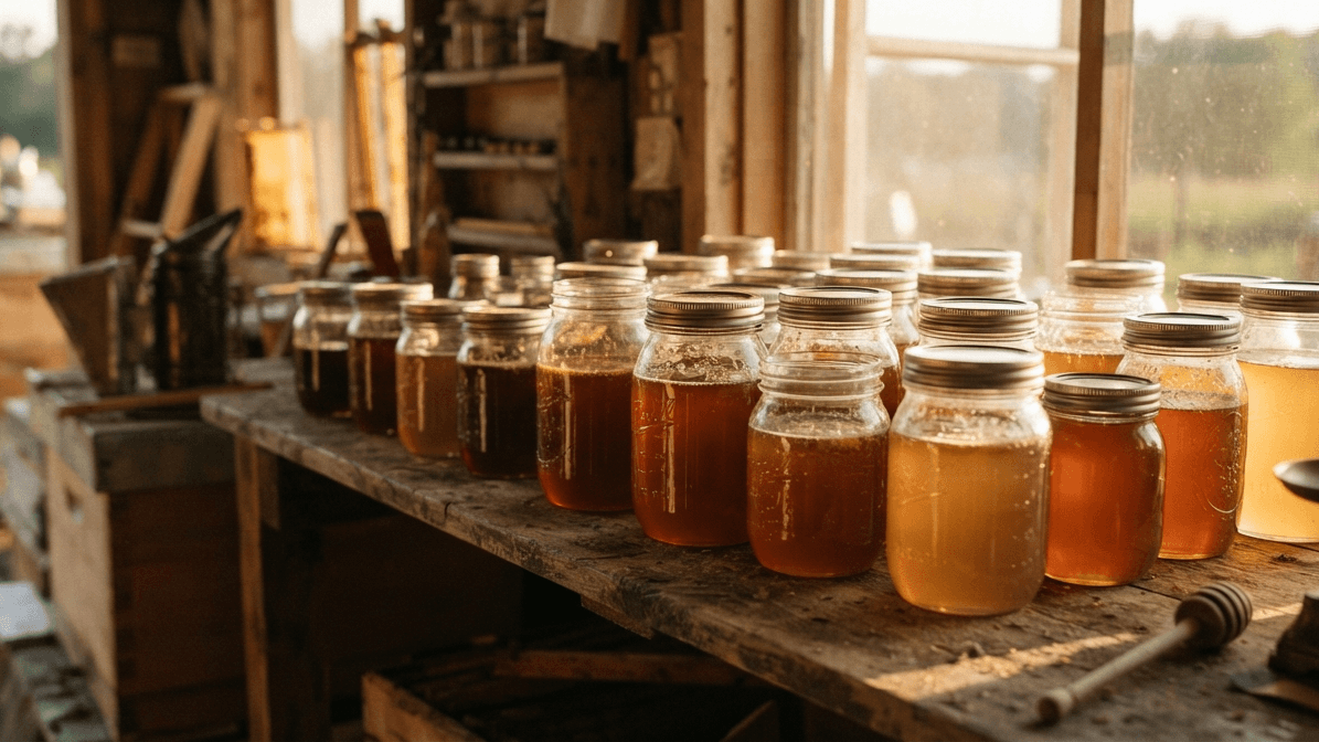 Rows of glass honey jars filled to different levels on a wooden shelf with sunlight through the amber honey