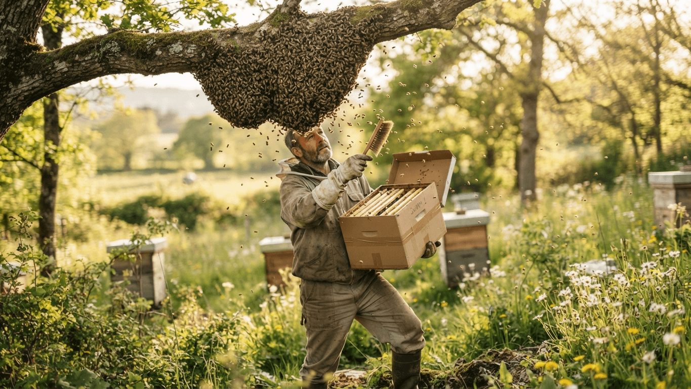 A beekeeper holding a nuc box beneath a large honey bee swarm clustered on a tree branch