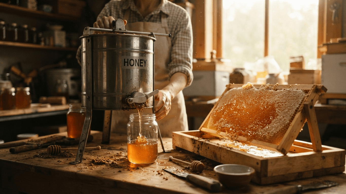 A beekeeper extracting honey from a stainless extractor beside a frame of dripping honeycomb