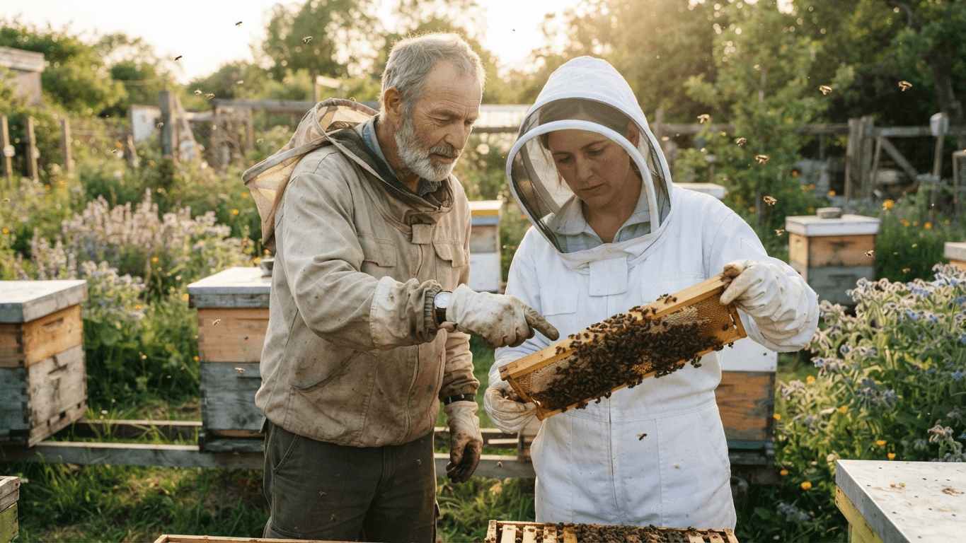An experienced beekeeper mentoring a student as they examine a frame of bees together at an apiary