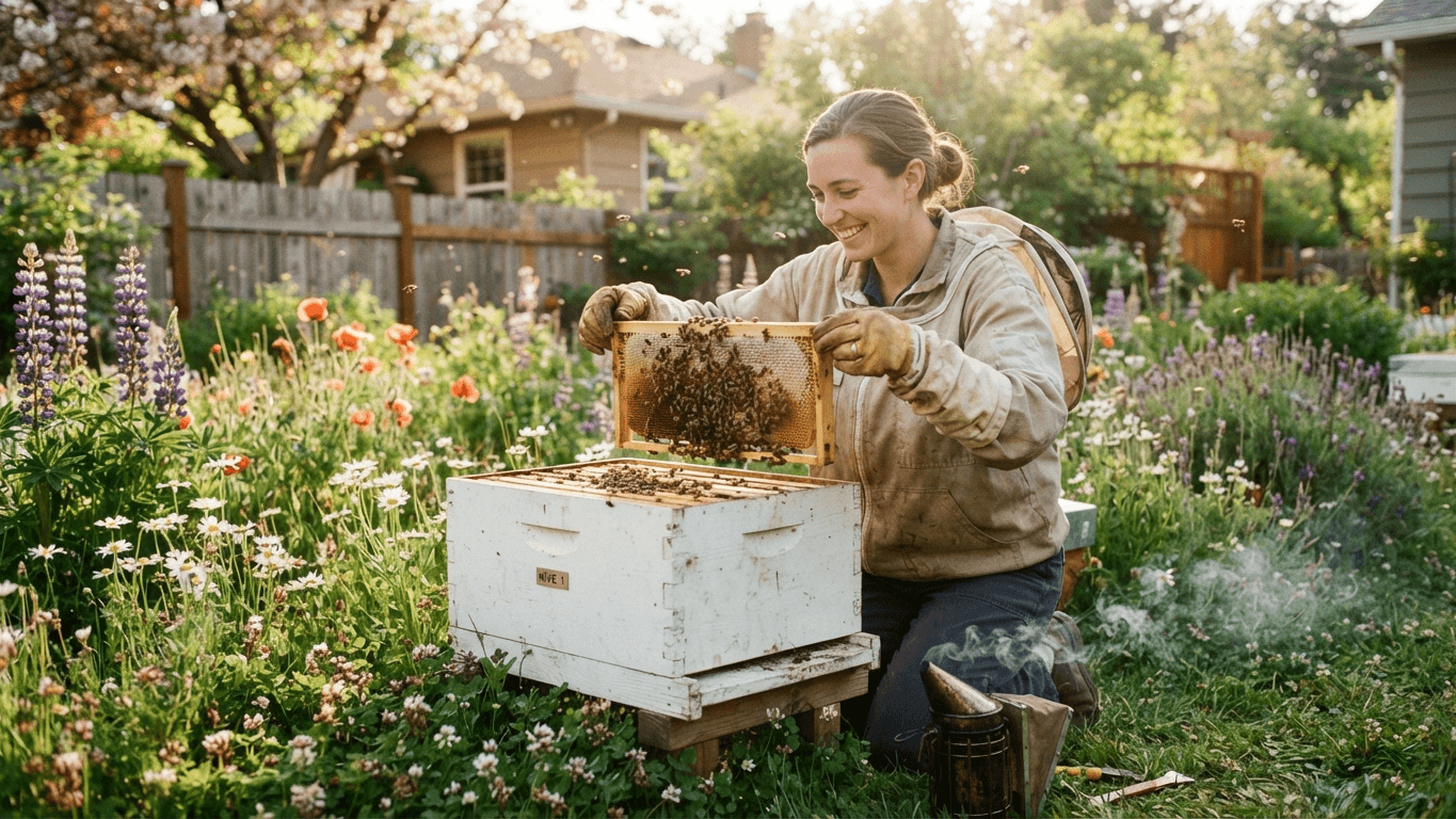 A smiling new beekeeper lifting a frame of bees from their first backyard hive among spring flowers