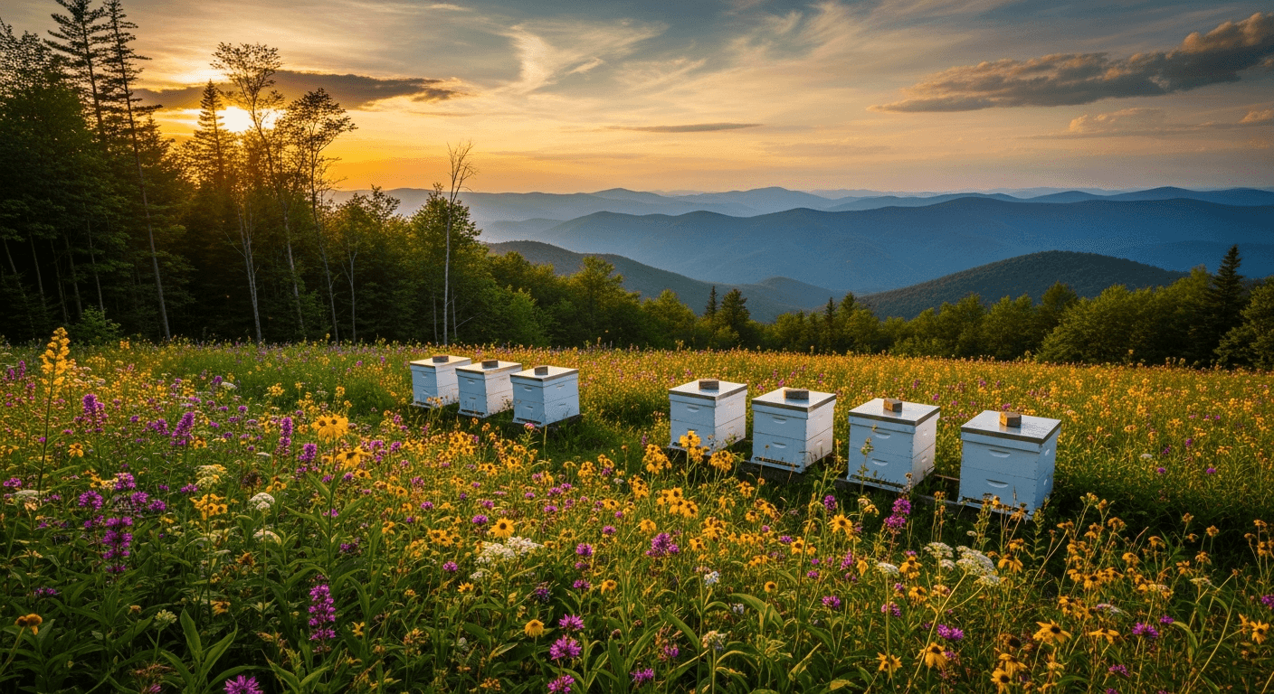 Remote mountain apiary at sunset with beehives in a wildflower meadow overlooking ridges into the distance