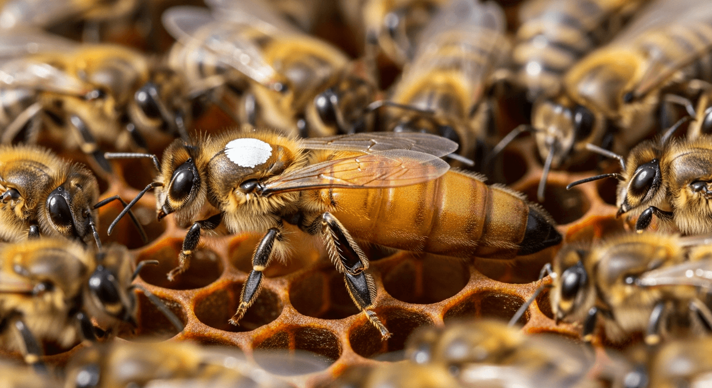 Macro photograph of a honey bee queen with a white mark on her thorax surrounded by worker bees on honeycomb