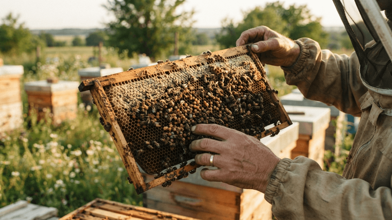 A beekeeper holding a brood frame up to the light to diagnose a possibly queenless colony