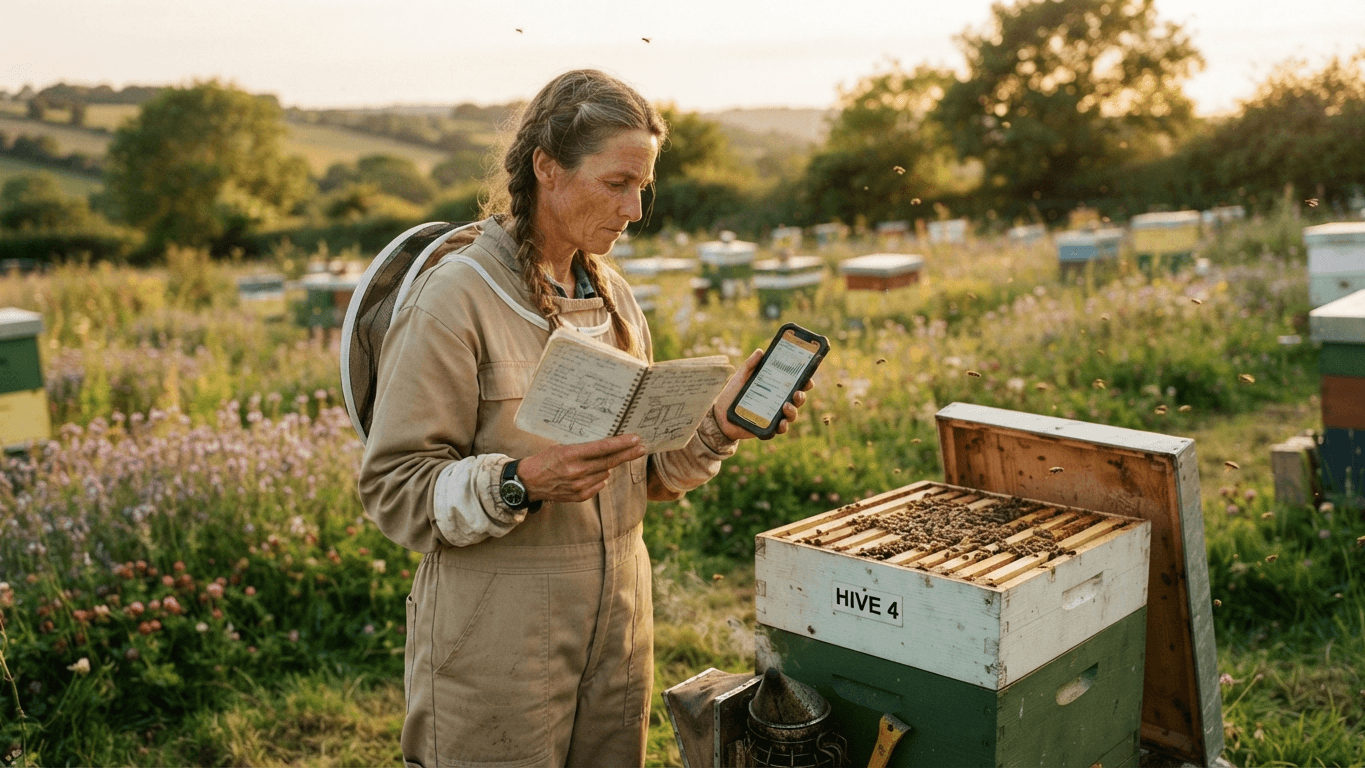 A beekeeper comparing a paper notebook and a smartphone at the hive while deciding whether to switch