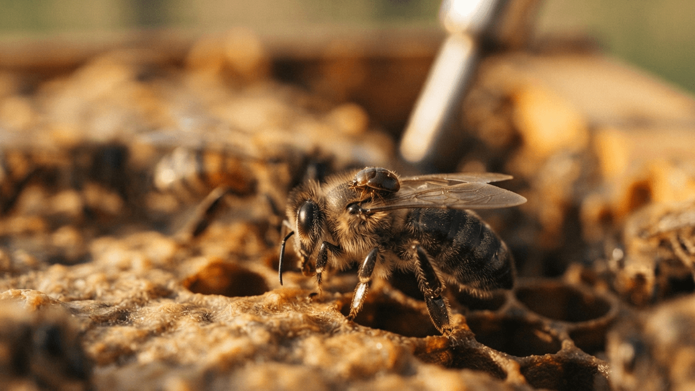 Macro close-up of a reddish varroa mite on the back of a honey bee on the comb