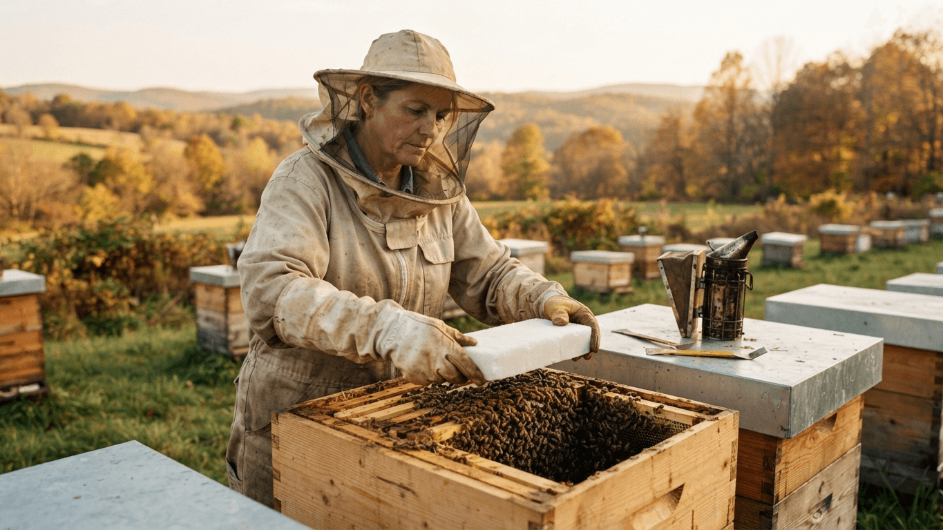 A beekeeper placing a fondant candy board over a cluster of bees in an open hive in late autumn