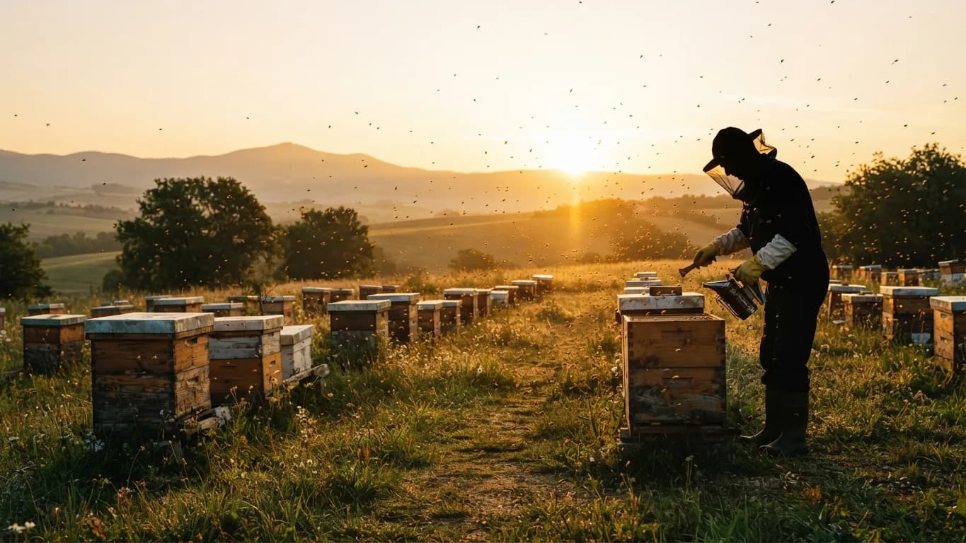 Beekeeper tending hives in an apiary as the sun sets behind the hills