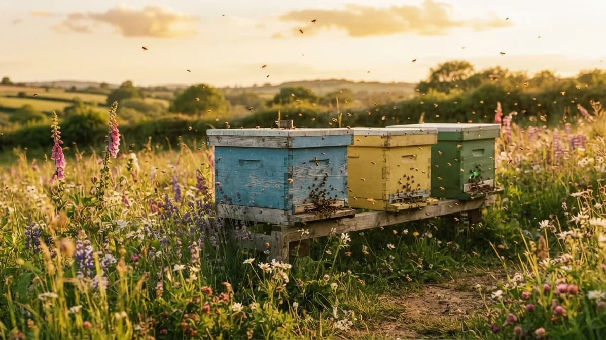 Row of colourful beehives in a wildflower meadow at golden hour