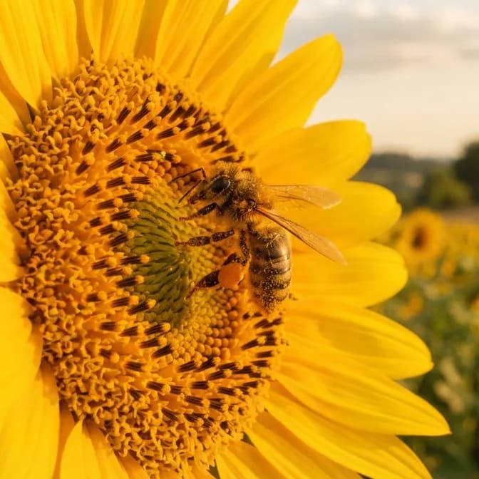 Honeybee foraging on the centre of a sunflower