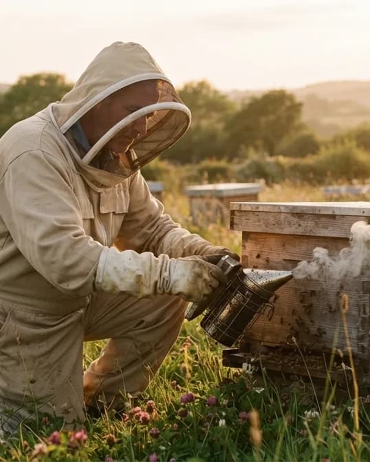 Beekeeper's smoker puffing smoke beside an open hive