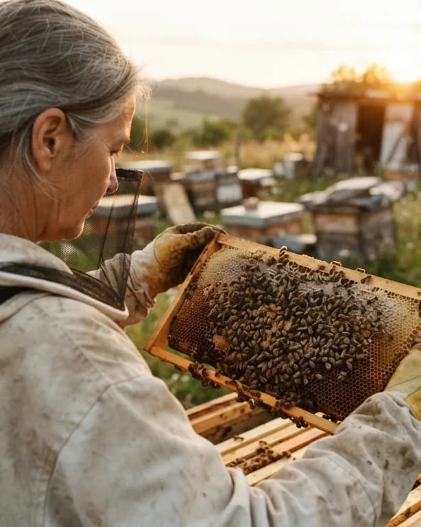 Veiled beekeeper closely studying a frame of bees