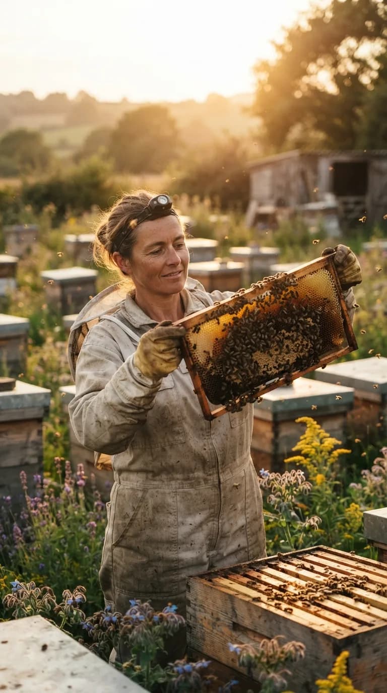 Beekeeper holding up a frame of bees in golden evening light