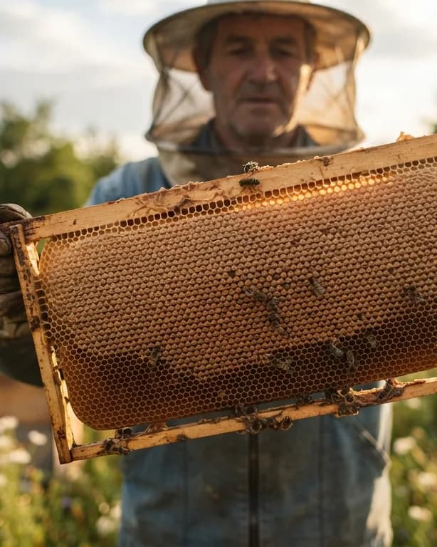Close view of a frame of capped brood covered in worker bees