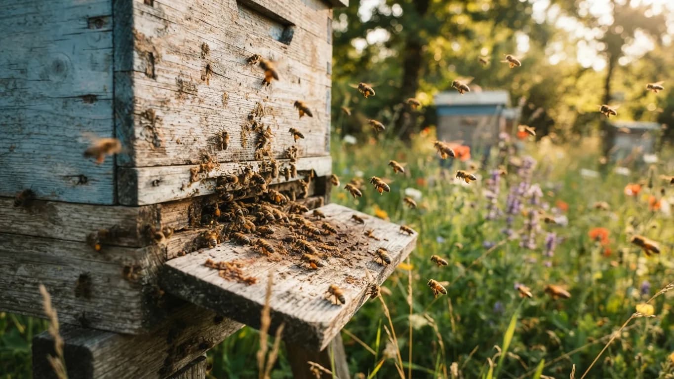 Bees landing and clustering at the entrance of a weathered hive