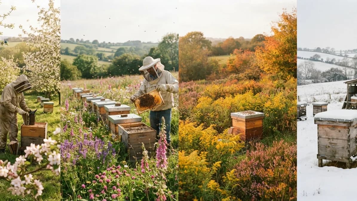One apiary shown across spring, summer, autumn and winter
