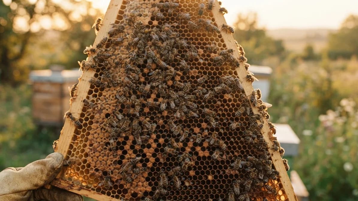 Frame densely covered in bees held up against the light