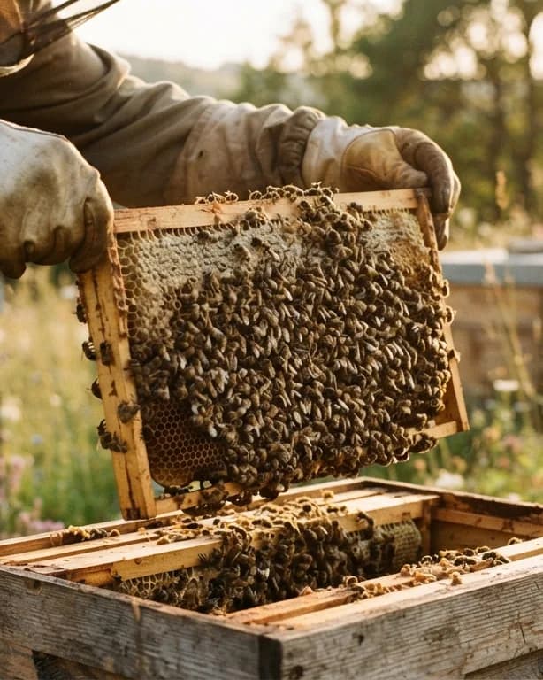 Gloved beekeeper's hands lifting a drawn comb frame from a hive