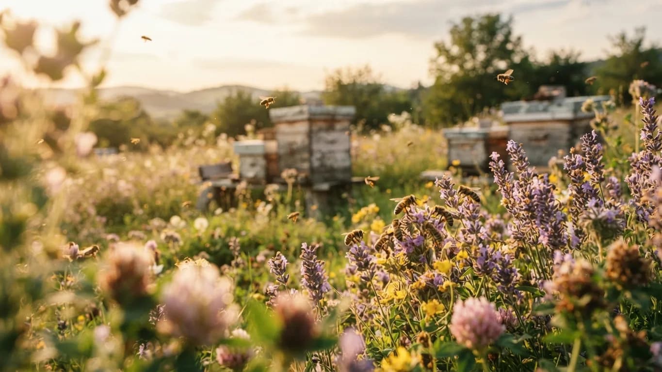 Beehives standing in a field of flowering lavender