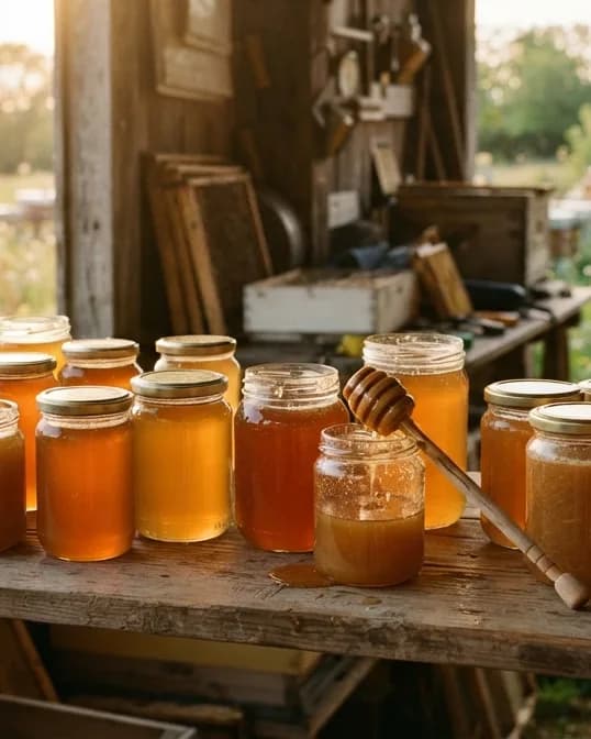 Row of jars filled with honey, backlit on a wooden shelf