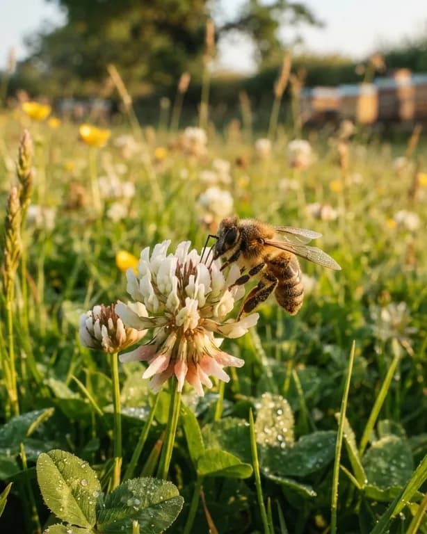 Honeybee gathering nectar from white clover flowers