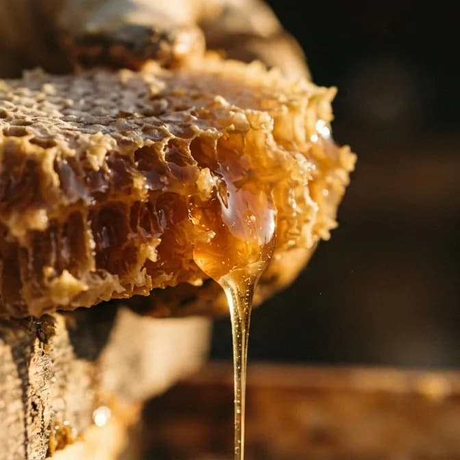 Fresh honeycomb with honey dripping from the comb