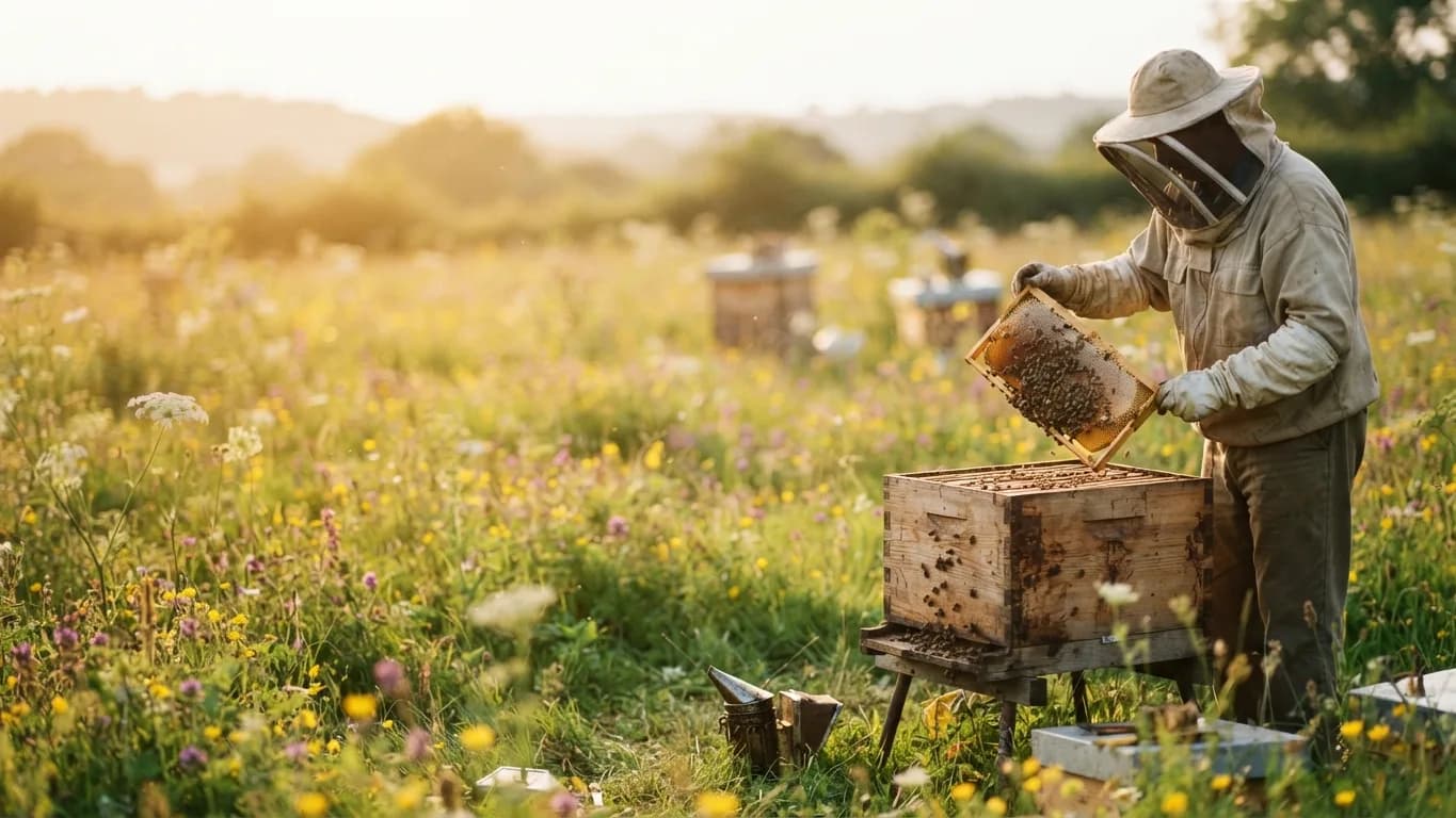 Beekeeper in a veil lifting a frame in a flowering meadow apiary