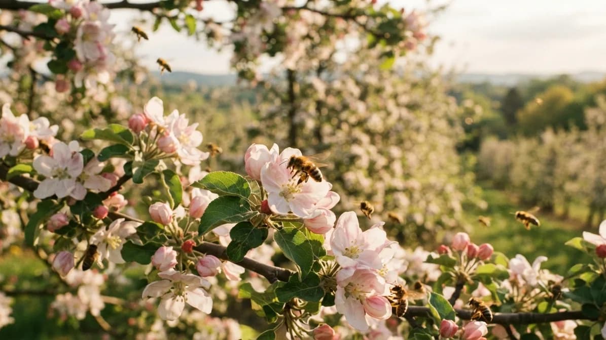 Honeybee pollinating pink fruit blossom in an orchard