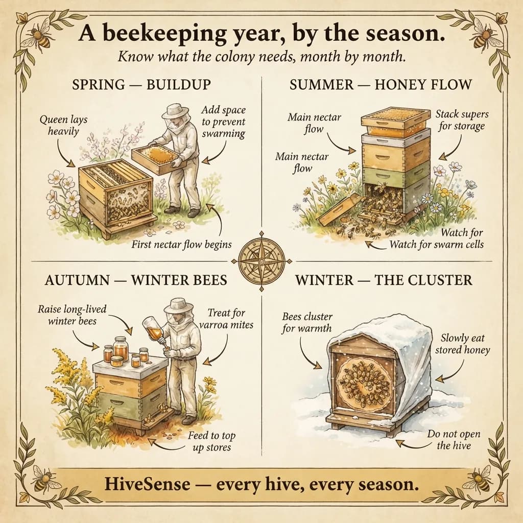 Illustrated reference poster of the beekeeping year by season, with key colony tasks