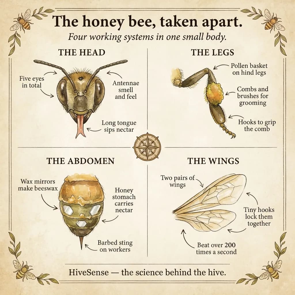Illustrated reference poster of honey bee anatomy — head, legs, abdomen and wings labelled