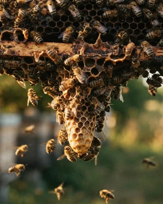 Macro close-up of a queen cup hanging from honeycomb