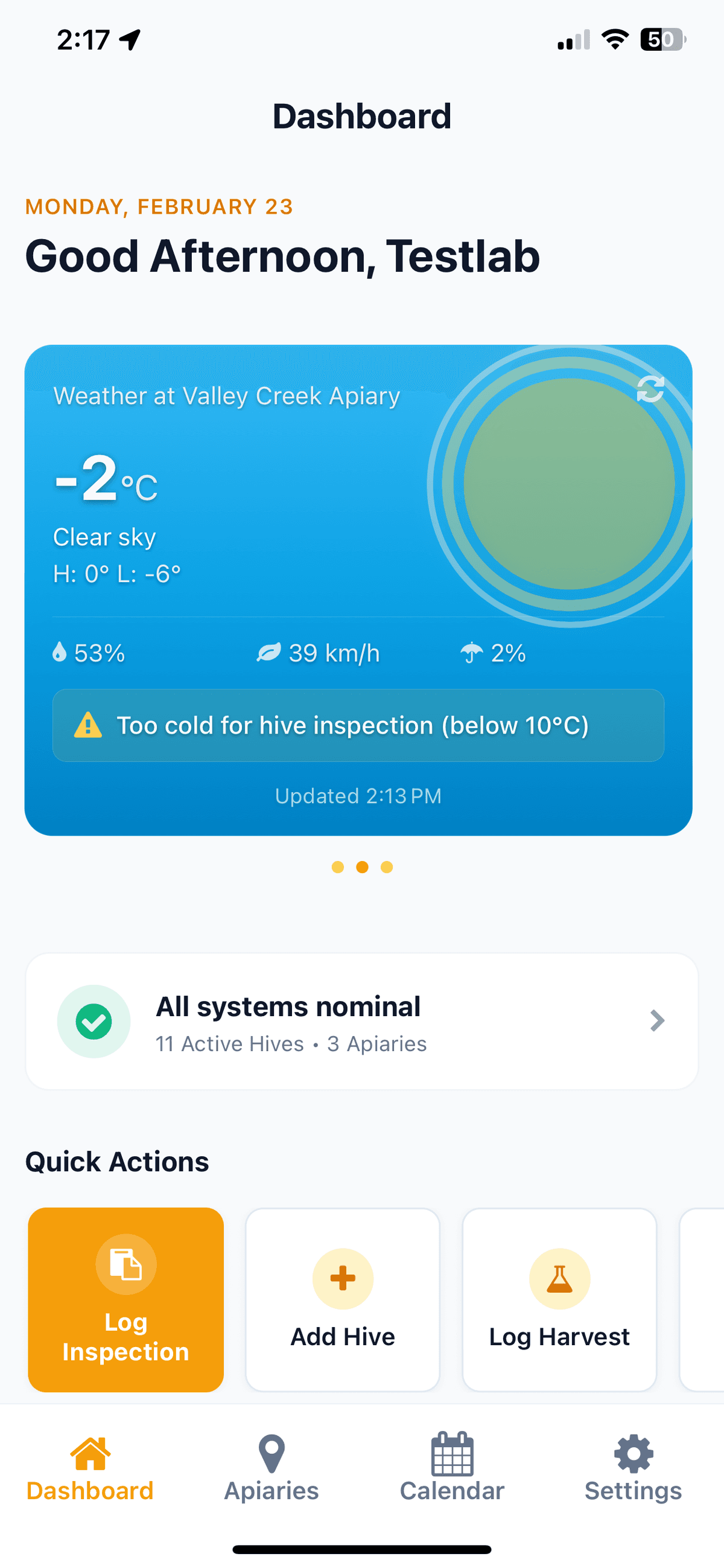 HiveSense dashboard showing weather, quick actions, and hive status