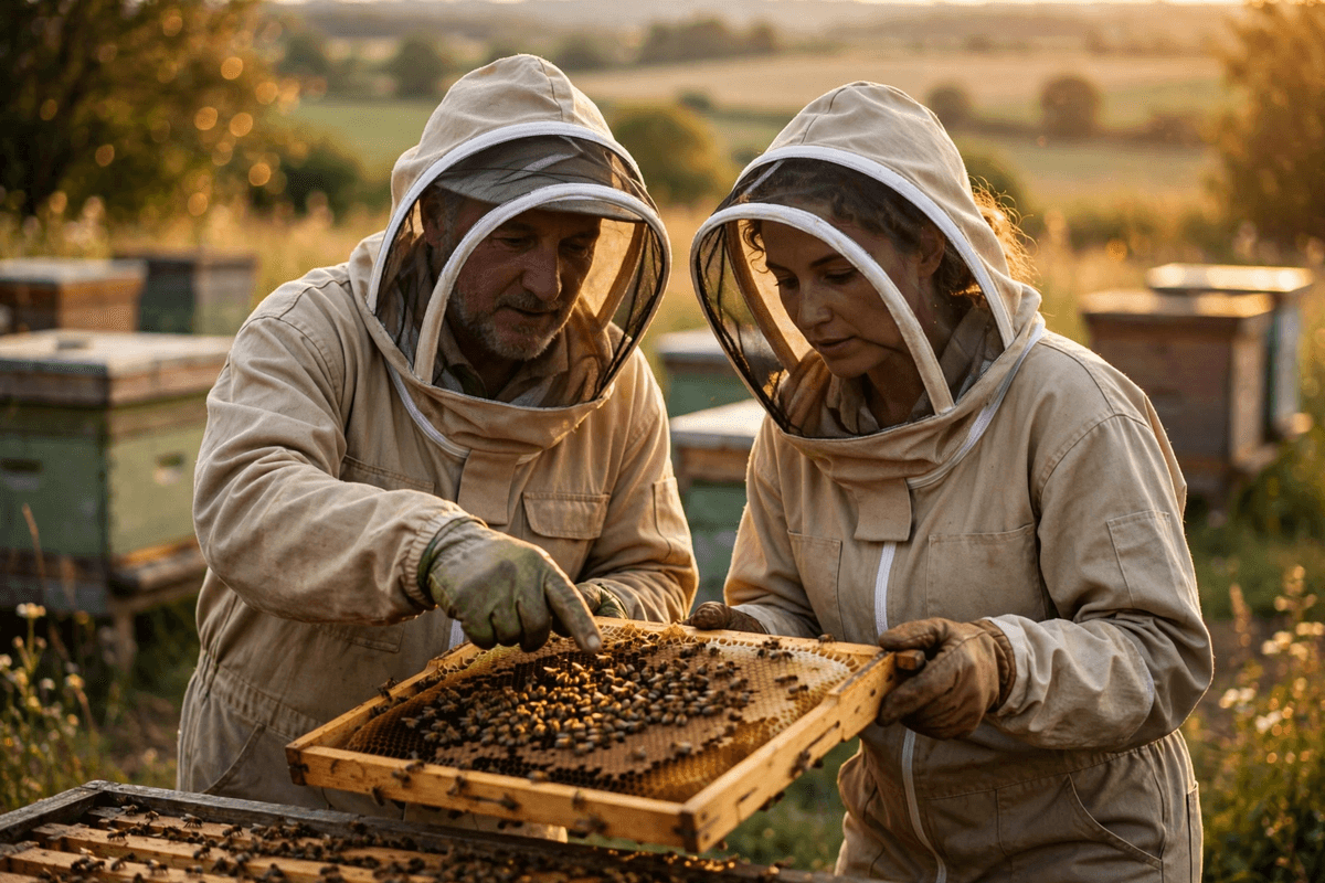 An experienced mentor beekeeper demonstrating hive inspection techniques to an apprentice