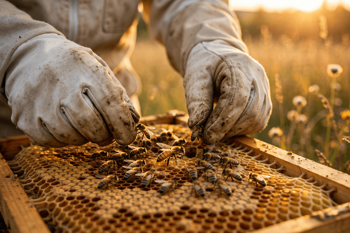 Close-up of a marked queen bee surrounded by a circle of attendant worker bees on drawn comb