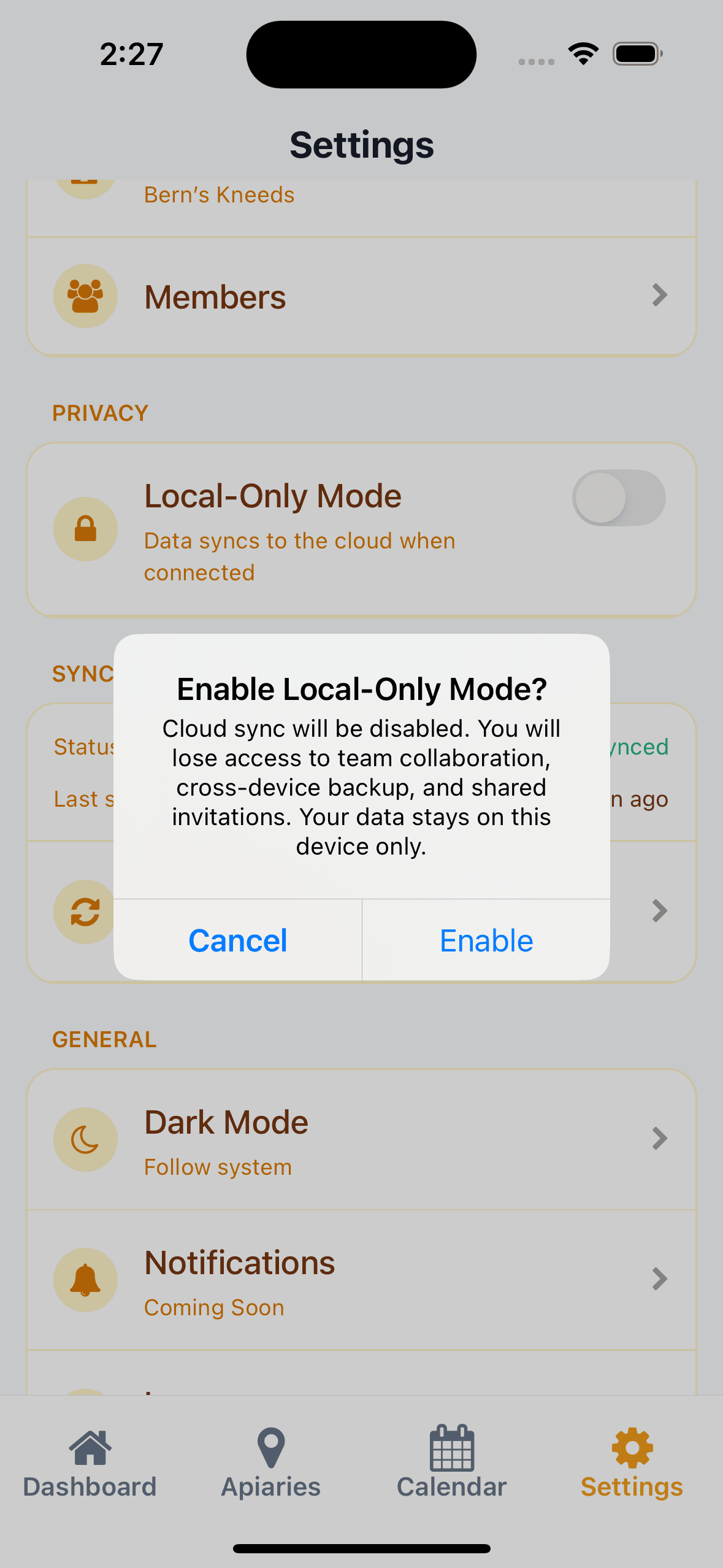 HiveSense Local-Only Mode settings screen showing the privacy toggle and confirmation dialog