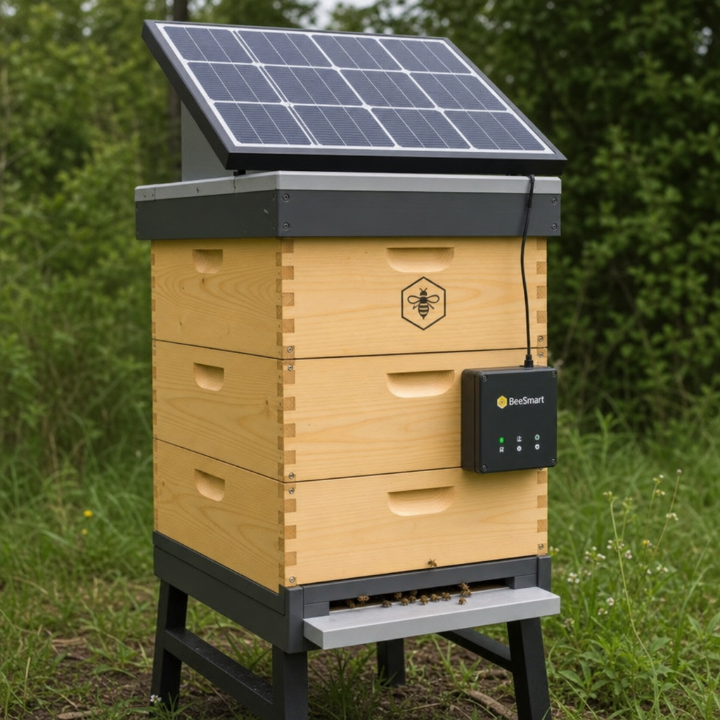 A modern smart beehive with a roof-mounted solar panel powering a wireless monitoring unit