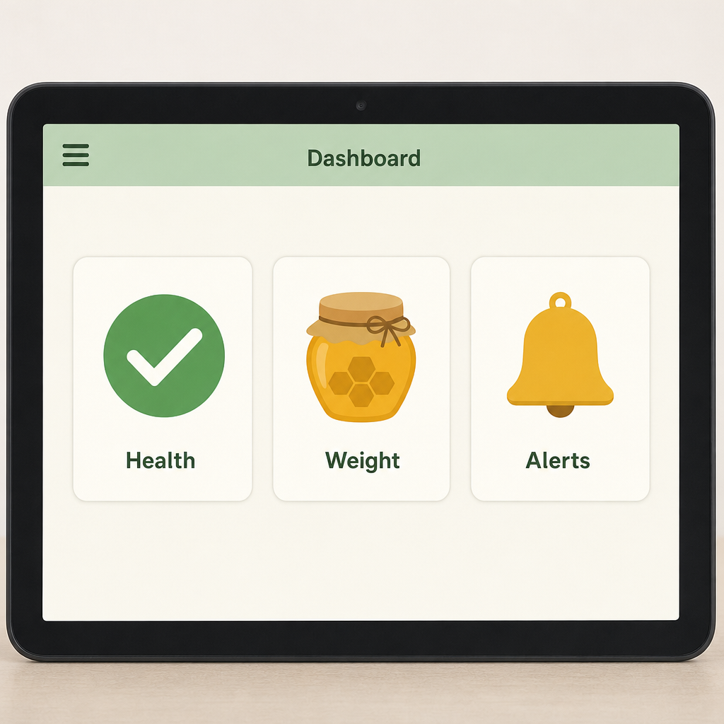 A clean tablet dashboard showing three large icons — a green checkmark labeled Health, a honey jar labeled Weight, and a bell labeled Alerts.
