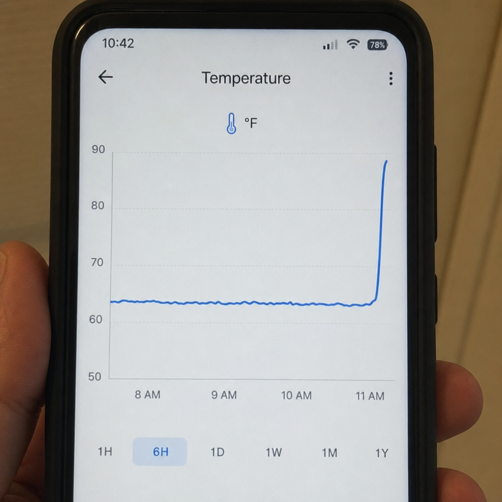 A smartphone held in one hand showing a temperature line graph that runs flat and then spikes sharply upward.